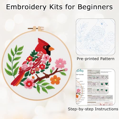 Image of Louise Maelys Cardinal Embroidery Kit, Cross Stitch Kit for Beginne | Animal Embroidery Starter Kit With Stamped Fabric, Hoop, Threads, Needles And Instructions For Adults,Easy Needlepoint