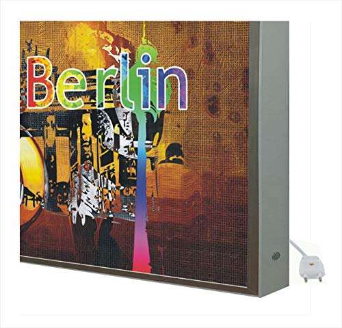Bild mit Holzrahmen weiß lackiert mit LED-Berlin-Licht.