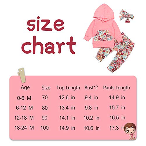 Image of Baby Girls Long Sleeve Flowers Hoodie Tops and Pants Outfit with Kangaroo Pocket Headband