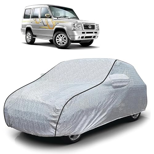 Image of Sulfar 100% Waterproof Car Body Cover Compatible with Mirror for Tata Sumo Victa (Triple Stitched, Full Bottom Elastic, Magic Silver with Black Piping)