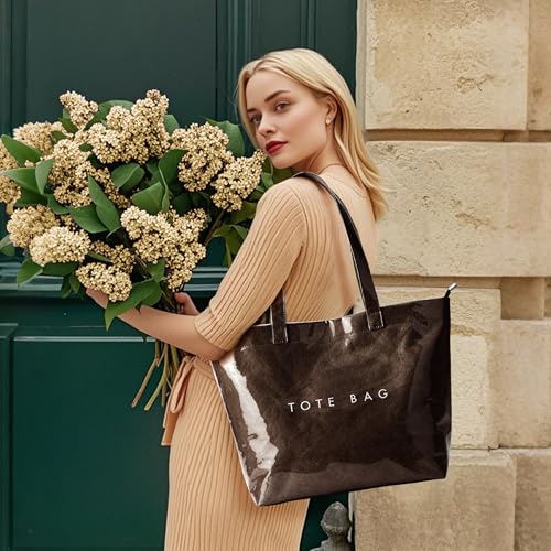 Image of KALIDI PVC Zipper Tote Bag, Jelly Kraft Paper Beach Bag Large Hobo Carry All Travel Shopping Handbag Plastic Shoulder Bag