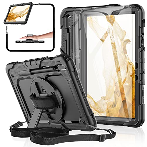 BASE MALL Case for Samsung Galaxy Tab S8/S7 11-inch 5G Tablet Case 2022/2020, [with Tempered Glass Screen Protector],360° Rotating Kickstand/Hand & Shoulder Strap/S Pen Holder (Black)