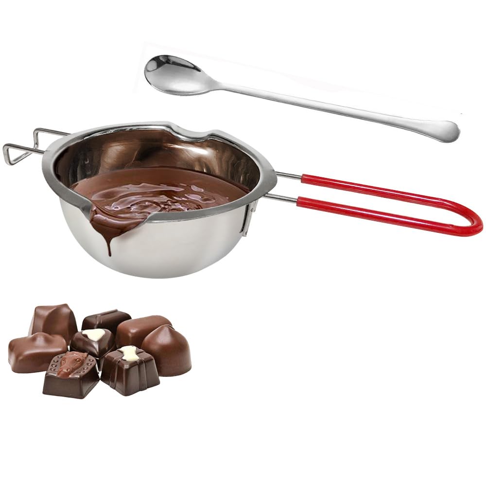 Recipiente para fundir chocolate de acero inoxidable 18/8 con doble boquilla, mango resistente al calor, fondo plano, ideal para derretir mantequilla, 480 ml plateado.