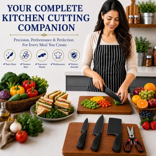 Image of SNMMIFER Kitchen Knife Set with Multipurpose Kitchen Scissors, 4 Pcs Black Stainless Steel Knife Set for Cutting, Chopping, Slicing & Food Preparation Knife Set (Knife + Scissor)