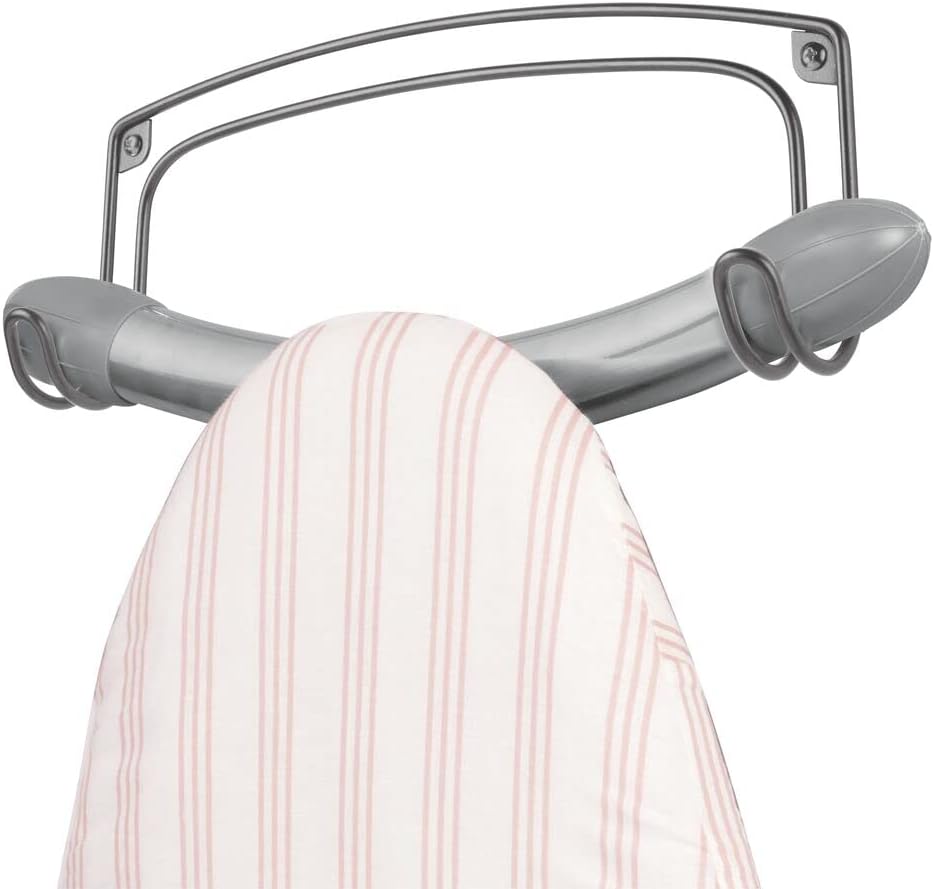 mDesign Metal Wire Wall Mount Ironing Board Holder - 2 Strong Hooks Hold Ironing Board, Towels, Brushes, Spray Bottles, Coats - for Laundry Rooms, Utility Rooms, Closets, Garages - Graphite Gray
