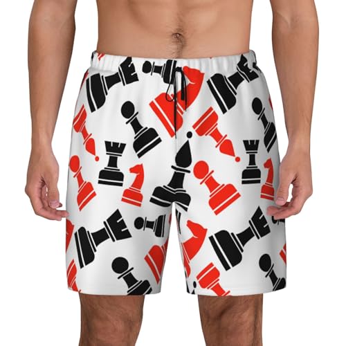 Men's Chess Pattern Print Quick-Dry Mesh Swim Trunks Stretch Lining Beach Shorts Surfing Summer Vacations Black2
