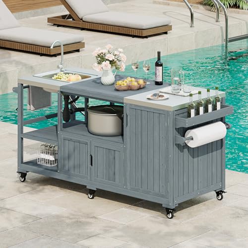 75.4" Outdoor Kitchen Island with Sink, Solid Wood Grill Cart,