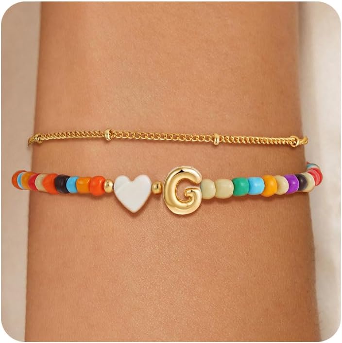 Easter Gifts for Kids Girls - Colorful Initial Bracelets for Women 14K Gold Plated Heart Initial Letter Daint A-Z Charm Bracelet Summer Jewelry Teen Girl Gifts for Teen Kids