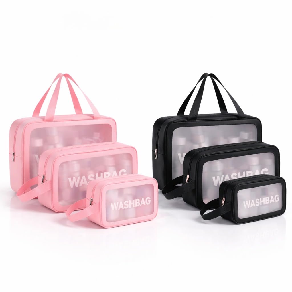 Wash Bag Pouch for Travel Kit Toiletry Bag Cosmetic Bag Make Up Box for Brushes, Accessories with Handle, Large Capacity Translucent Waterproof Travel Storage Organizer Set of 6 (Pink_Black)-image-8