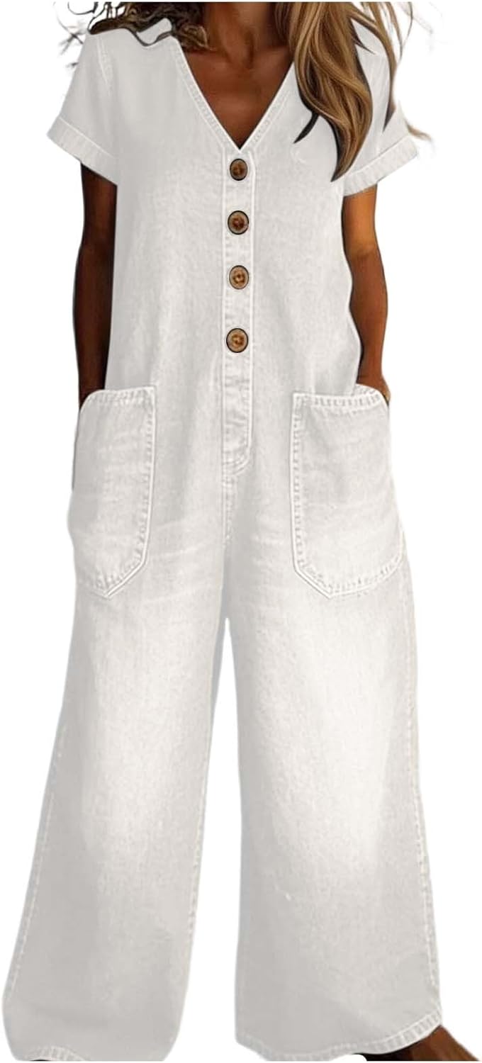 Blue Jean Jumpsuits For Women Denim Short Sleeve Button Down Lapel Shirt Wide Leg Romper With Pocket Casual Overall