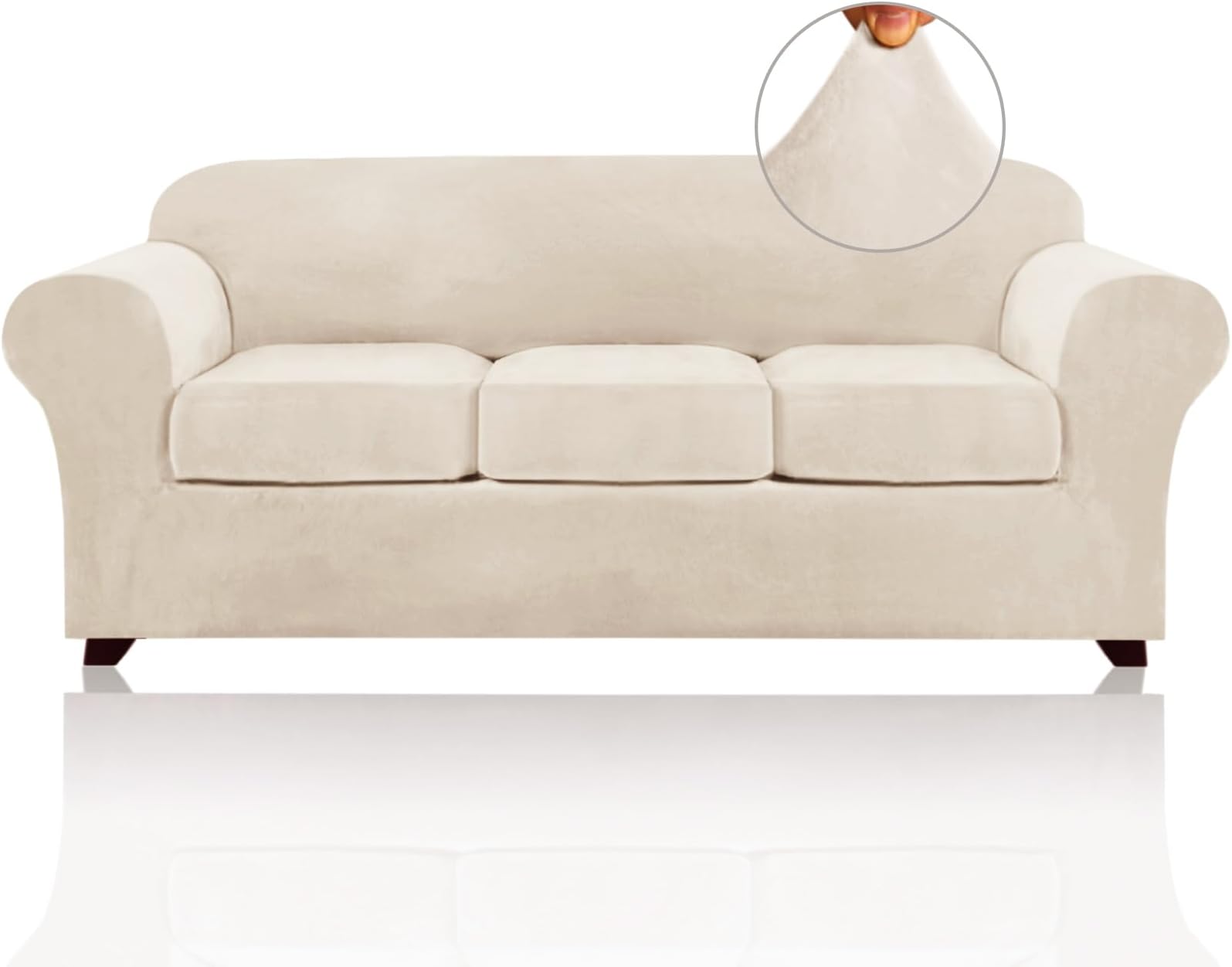 Velvet Couch Covers for Sofa Soft 4 Pieces Couch Covers for 3 Cushion Couch Sofa Pet Friendly Furniture Protector with Non Slip Elastic Bottom Width Up to 90 Inch (Large, Ivory)