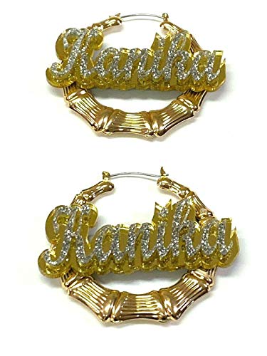 Personalized Custom Gold Hoop Bamboo Earrings Name Plate Laser Cut Design Stunning Look - Quality, Attractive Gold Bamboo Earrings, Made To Order 1.5-3.5 INCHES sizes3