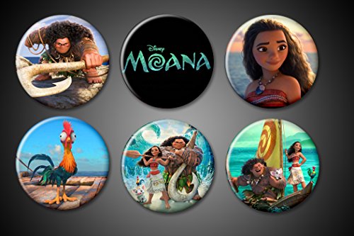 Moana Pins Pinbacks Set of 6 Disney Hawaii Princess Moana Maui HeiHei Title Boat movie pictures 1.75" round pins for jackets and bags
