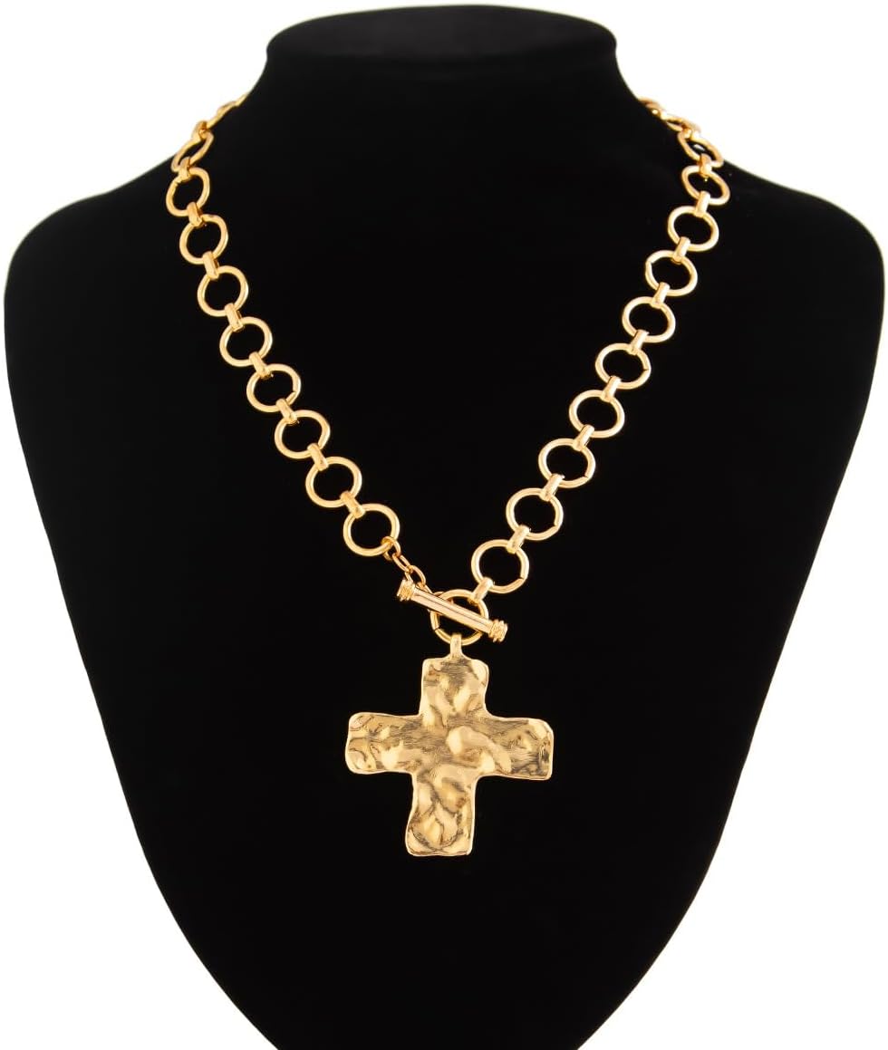 ZMANYIJEW Big Cross Necklace Chunky Statement Gold Cross Pendant Necklace Bold Hammered Cross Necklace Thick OT Buckle Chain Chunky Gold Statement Cross Pendant Necklace - Image 6