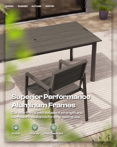 Image of 67 inch Rectangle HDPS Patio Dining Table, Aluminum Outdoor Patio Dining Table with Umbrella Hole, Weather-Resistant for Lawn, Garden, Yard, Poolside and Indoor Use (Gray & Teak)