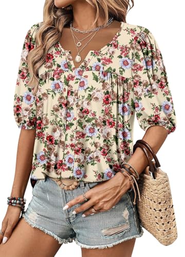 Magritta Womens Puff Half Sleeve Summer Tunic Tops Casual Chest Pleated Shirts Work Blouse for Women Dressy3