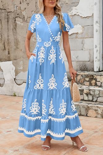 Image of PRETTYGARDEN Womens 2026 Summer Casual V Neck Boho Maxi Dress Flowy Aline Bell Sleeve Tiered Floral Dresses with Pocket