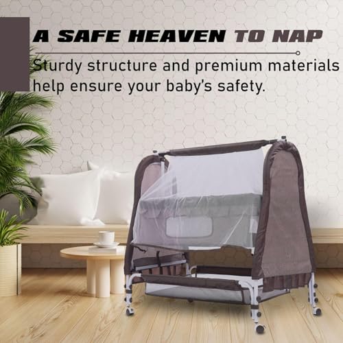 Image of PANDAORIGINALS Jumbo Baby Cradle|Soft Cushion Baby Jhula /Paalna Cute cot with Mosquito Net for 0-9 Months Boys and Girls Super Strong Soft Cushion and Swing Lock Function (Royal Brown)
