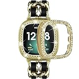 Pulseiras de aço inoxidável compatíveis com Fitbit Versa 4/Fitbit Sense 2 Smartwatch com capa brilhante, pulseira de metal de couro chique para mulheres e meninas pulseira (ouro, Versa 4/Sense 2)