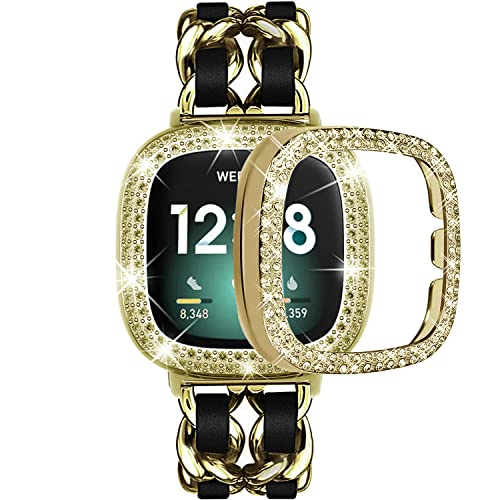 Pulseiras de aço inoxidável compatíveis com Fitbit Versa 4/Fitbit Sense 2 Smartwatch com capa brilhante, pulseira de metal de couro chique para mulheres e meninas pulseira (ouro, Versa 4/Sense 2)