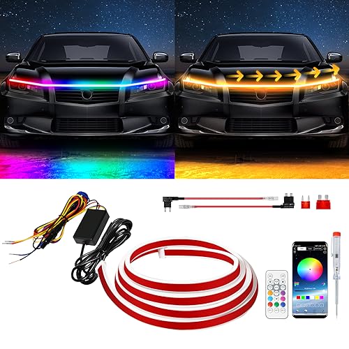 Image of Exterior Car LED Hood Light Strip,RGB Multicolor Dynamic Scan Start Up Hoodbeam Kit l,12V Updated Waterproof Hood Glow Lights for Cars, Trucks,SUV(94 Inch)