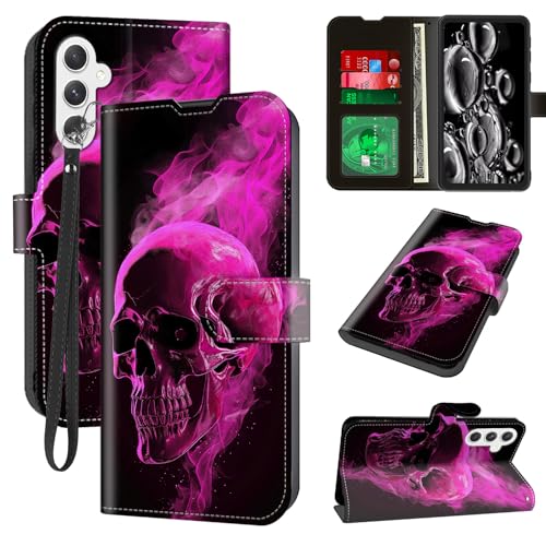 ACWDMKH for Samsung Galaxy A25 5G Phone Case with Card Holder & Kickstand & Wrist Strap Wallet Flip Folio Leather Magnetic Protective Cover Shockproof Case for Galaxy A25 5G,Pink Skull