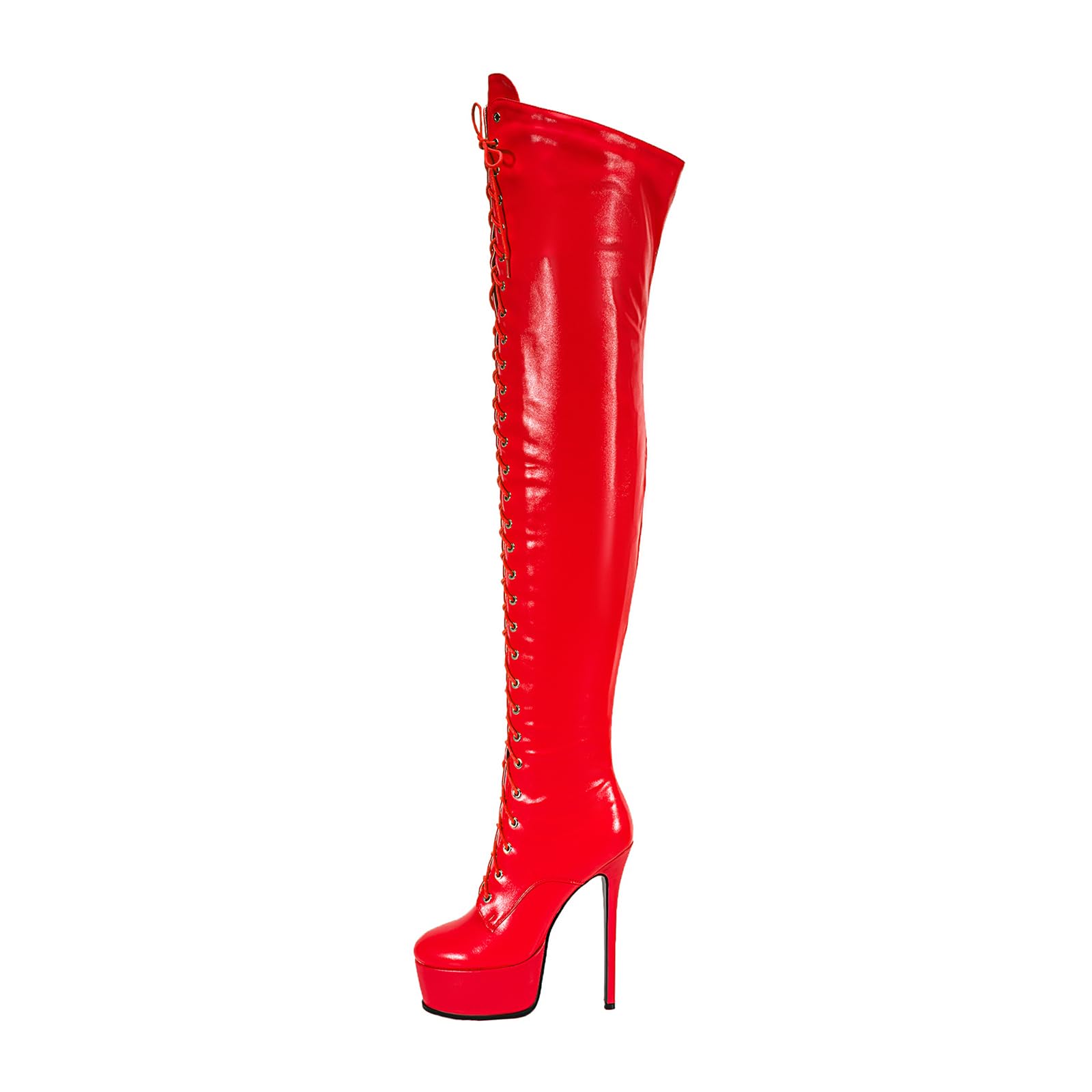Shiny leather Thigh high boots for Women Stiletto heel Platform Over the knee Round toe back zipper Sexy Front Strappy high heel Cosplay Custume unisex boots