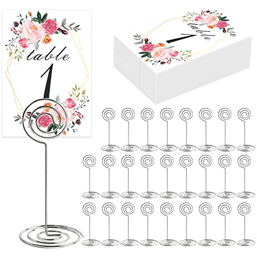 26 PCS Table Number Holder - Table Card Holder Stand Wire Photo Holder with 26 Pcs Floral Table Number Cards, Place Card Holder Stand for Weddings Party Office Paper Memo Menu Note Clips