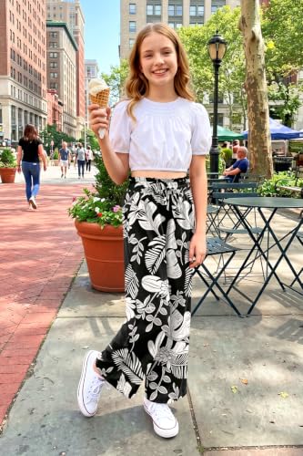 Image of Girls Summer Floral Wide Leg Pants High Waisted Flowy Dress Trousers with Pockets for School Lounge Beach 5-14 Years