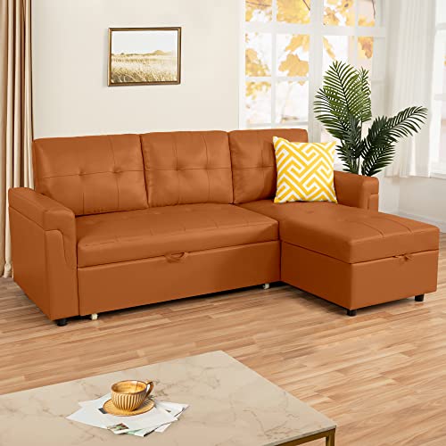 Naomi Home Diora Sectional Sleeper Sofa - Elegant L-Shaped Couch Convertible Pull-Out Bed, Ample Storage, Timeless Design, Sturdy Construction, Long-Lasting For Modern Living, Air Leather, Caramel #TOP12