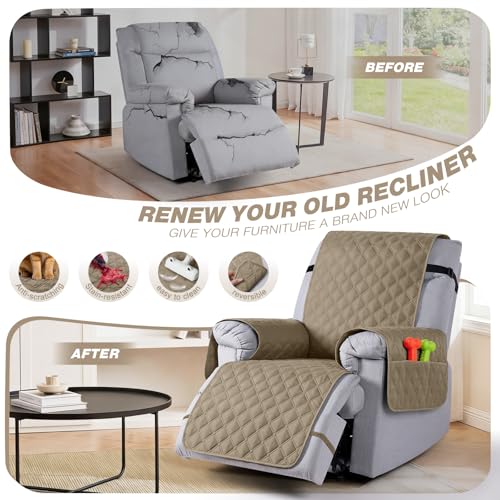 Image of TAOCOCO 100% Waterproof Recliner Covers, Recliner Sofa Covers with Leg Straps, Reversible Recliner Couch Cover for Reclining Chair, Washable Couch Protector for Pets Kids(1 Seater 22 inch, Khaki)