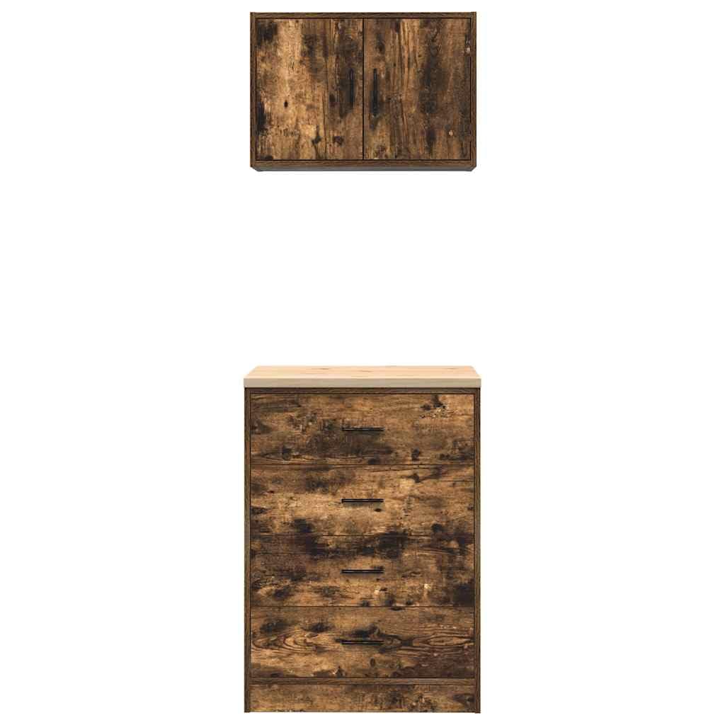 Szafki garażowe, 2 szt., dąb wędzony, materiał drewnopochodny z blatem roboczym 60 x 51 x 85 cm i szafka ścienna 60 x 30 x 41 cm, do warsztatu, garażu, biura, przechowywania