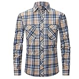 Kariert Shirt Herren Frühling Herbst Revers Causal Shirt Herren Slim Fit Klassisch Urlaub Mode Shirt Herren Taschendekoration Jugend Langarm Shirt Herren I-Blue Beige S
