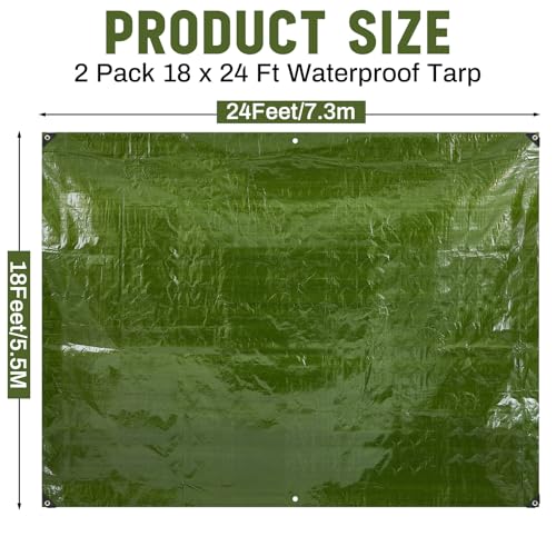 Image of 2 Pack 18 x 24 ft 5.5 Mil Large Tarps Heavy Duty Waterproof Tarp Multi Purpose Tent Cover for Home Boats Cars Camping Patio Furniture Roof Emergency Rain Protective Cover, Army Green