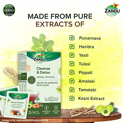 Image of Zandu Cleanse & Detox Herbal Infusion: Use This Tea Bag To Give Your Body The Gift Of Good Health |Helps Improve Skin Glow & Detoxifies The Body (25 Tea Bags), Green Tea, 90 Gram