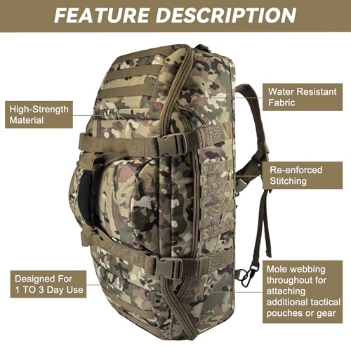 Image of Hannibal Tactical 65L Large Duffle Bag, 3-in-1 Tactical Backpack MOLLE Pack for Sports, Gym, Outdoor