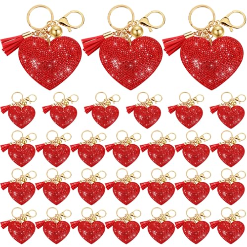 Tondiamo 30 Pcs Valentine Day Heart Keychains Rhinestone Key Chains