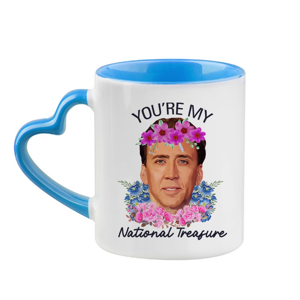 Giftme You're My National Treasure Coffee Mug, Nicolas Cage, 11oz Heart Handle Cup, Coffee, Tea Mug. (Blue)