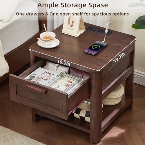 Image of Joaxswe Farmhouse Side Tables Living Room, Small Nightstand with 1 Drawers & Open Shelving & 4 Thickened Table Legs, Walnut