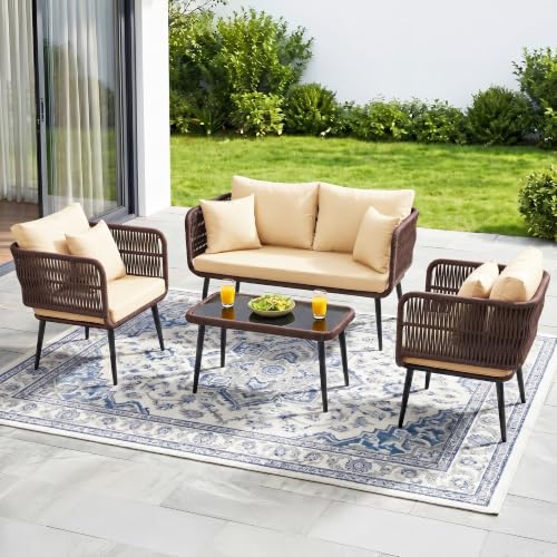 DEVOKO Arden Outdoor Rope Patio Sofa Set – 4 Seater Garden Conver...