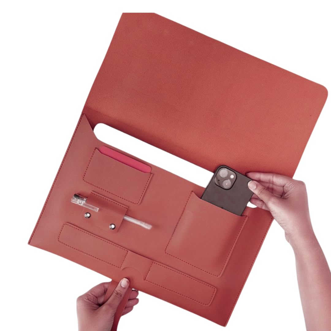 HANA (하나) Vegan Leather Laptop Sleeve, Organizer & Envelope Case | Compatible with Upto 14 inch Laptops | Built-in Storage for Phone, Smartwatch, Cards & Essentials | Slim Portable Design (Red)