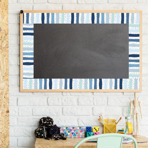 Image of Whaline 32.8Ft Summer Classroom Bulletin Board Border Dusty Blue Dot Stripe | Die-Cut Rolled Border Trim, for Back to School Winter Chalkboard Wall Decoration