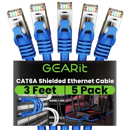 GEARit Cat6A Ethernet Cable (3 ft, 5-Pack, Blue) 10Gbps Snagless Shielded SSTP, SFTP Shielded Ethernet Cable, 26AWG 4 Pair Solid Bare Copper Cat6 Cable, Cat 6 Shielded Network Cable - 3 feet