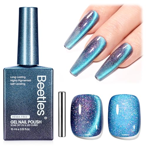 Image of Beetles Cat Eye Gel Nail Polish - 15ML Full Size 9D Cat Eye Chameleon Blue Glitter Gel Polish Magnetic Shimmer Effect Soak Off UV DIY Holo Blue Dream Manicure Gift for Women