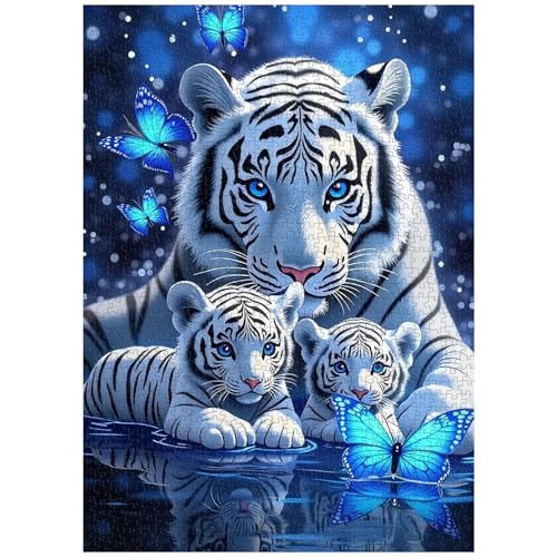 White Tiger Puzzles for Adults 1000 Pieces, Blue Butterfly Nature Jigsaw Puzzle, Challenging Wildlife Animal Art Puzzle, Beautiful Tiger Family Puzzle for Home Wall Decor