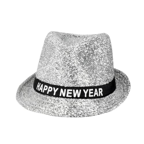 Photo de Boland 13450 – Chapeau Sparkling Happy New Year, argent avec paillettes, fedora scintillant pour le Nouvel An, bandeau avec écriture, accessoire, cadeau