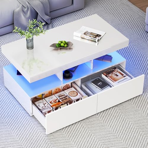 MASAJIA Mesa Baja Blanca LED Mesa de Salón