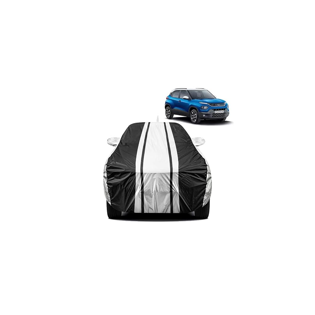 FABTEC Car Body Cover for Tata Punch Waterproof UV & Rain Protection Metallic Silver with Black Stripes Car Cover with Mirror Pocket Bottom Elastic Full Size Car Cover