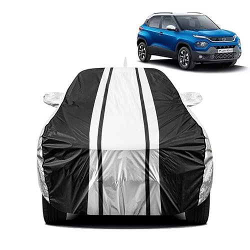 FABTEC Car Body Cover for Tata Punch Waterproof UV & Rain Protection Metallic Silver with Black Stripes Car Cover with Mirror Pocket Bottom Elastic Full Size Car Cover