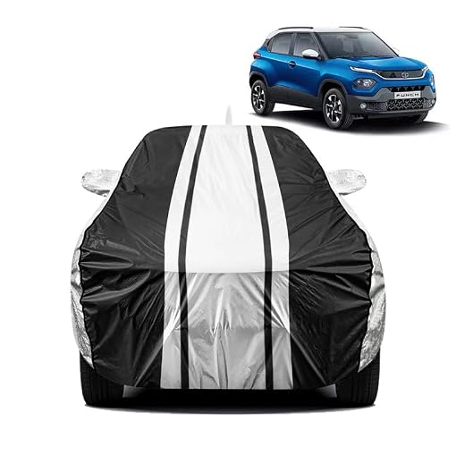 FABTEC-Car-Body-Cover-for-Tata-Punch-Waterproof-UV-Rain-Protection-Metallic-Silver-with-Black-Stripes-Car-Cover-with-Mirror-Pocket-Bottom-Elastic-Full-Size-Car-Cover FABTEC Car Body Cover for Tata Punch Waterproof UV & Rain Protection Metallic Silver with Black Stripes Car Cover with Mirror Pocket Bottom Elastic Full Size Car Cover